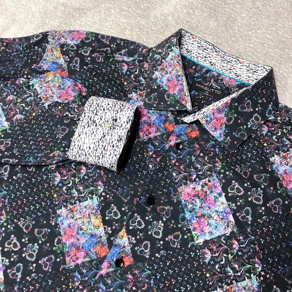 Masutto Dress Shirt Black Floral Abstract Flip Cuff Loud Print Mens 3XL
